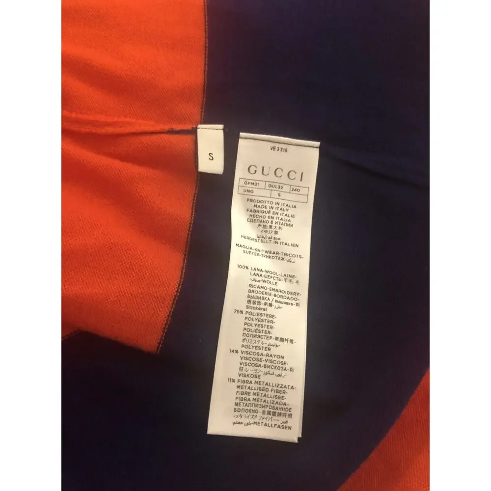 Gucci Blue/Orange Striped Wolf-Patch Oversized Wool Polo Sweater Size S $1200.00